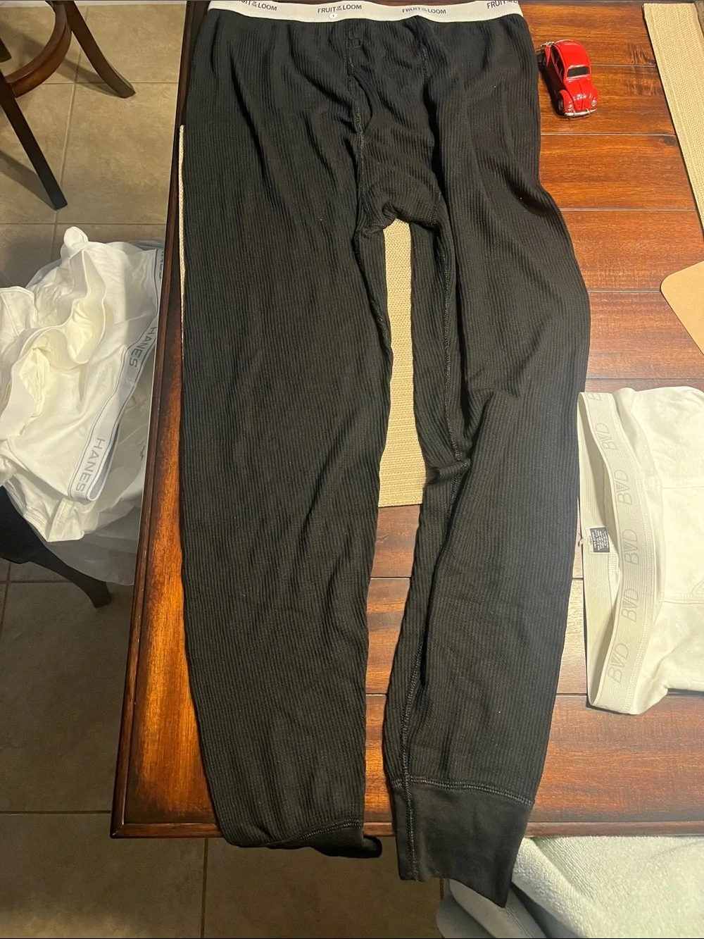 .1. Mens Fruit of the Loom Black Ribbed Thermal waffel Leggings large